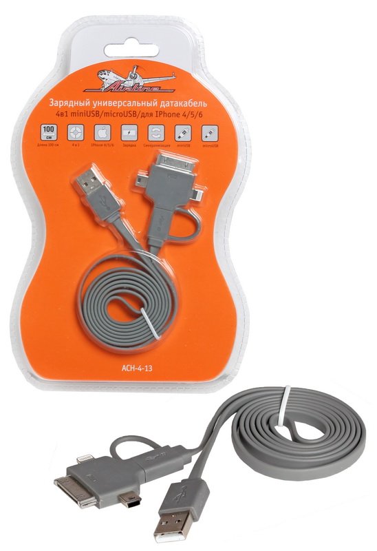 ACH413 — Зарядный универсальный датакабель 4 в 1 miniUSB/microUSB/для Iphone (ACH-4-13) AIRLINE