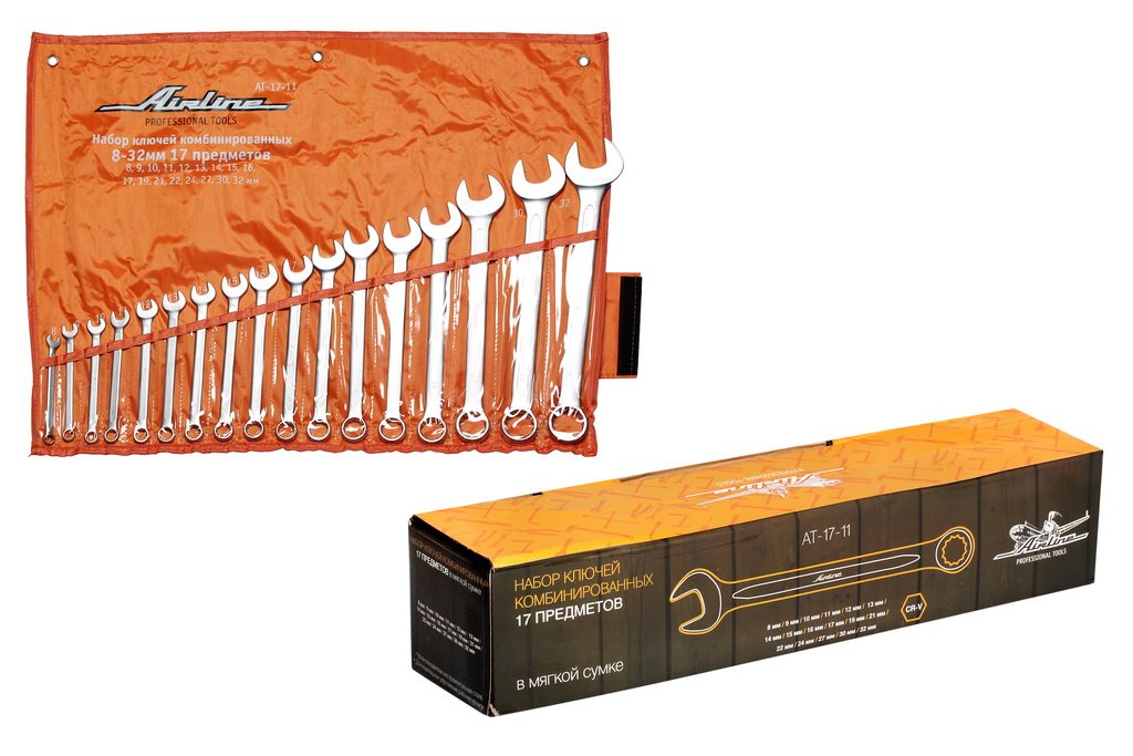 AT1711 — Набор ключей комбинированных 17 предметов (8,9,10,11,12,13,14,15,16,17,19,21,22,24,27,30,32мм) сумка AIRLINE