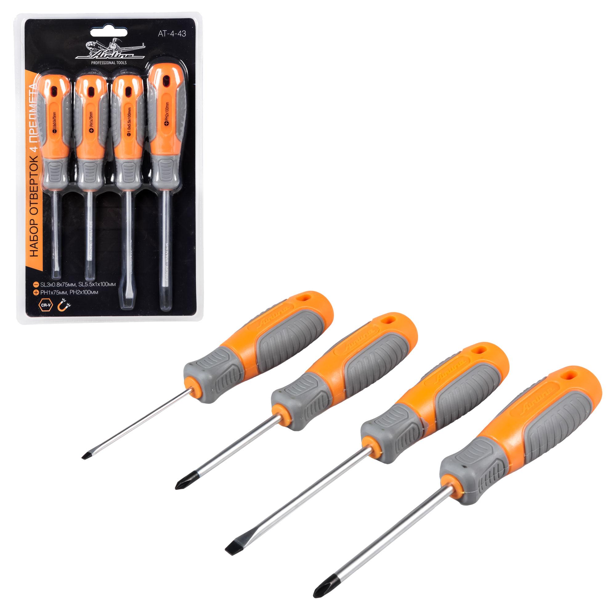 AT443 — Набор отверток 4 предмета (SL3*0.8*75мм,SL5.5*1*100мм,PH1*75мм, PH2*100мм) блистер (AT-4-43) AIRLINE