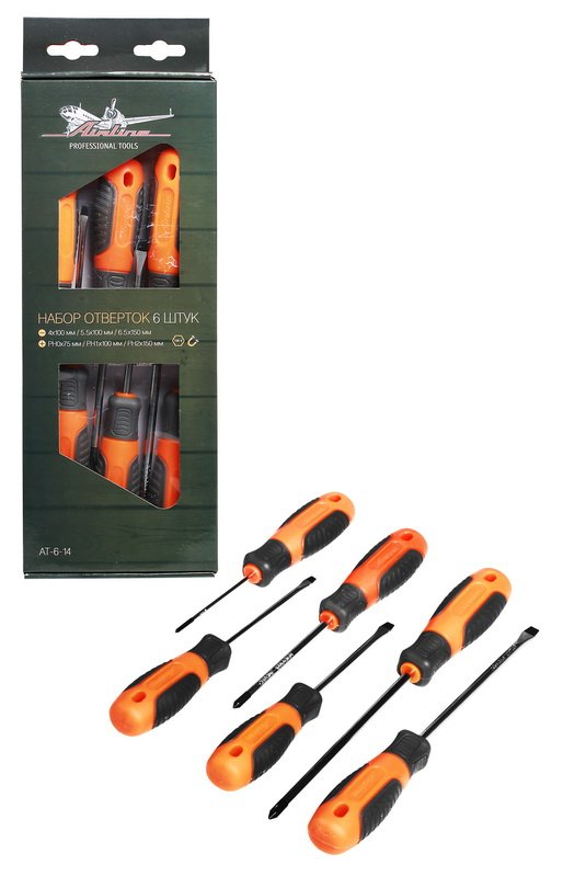 AT614 — Набор отверток 6 предметов (SL4*0.8*100мм,SL5*1*100мм,SL6*1.2*150мм,PH0*75мм,PH1*100мм, PH2*1 AIRLINE