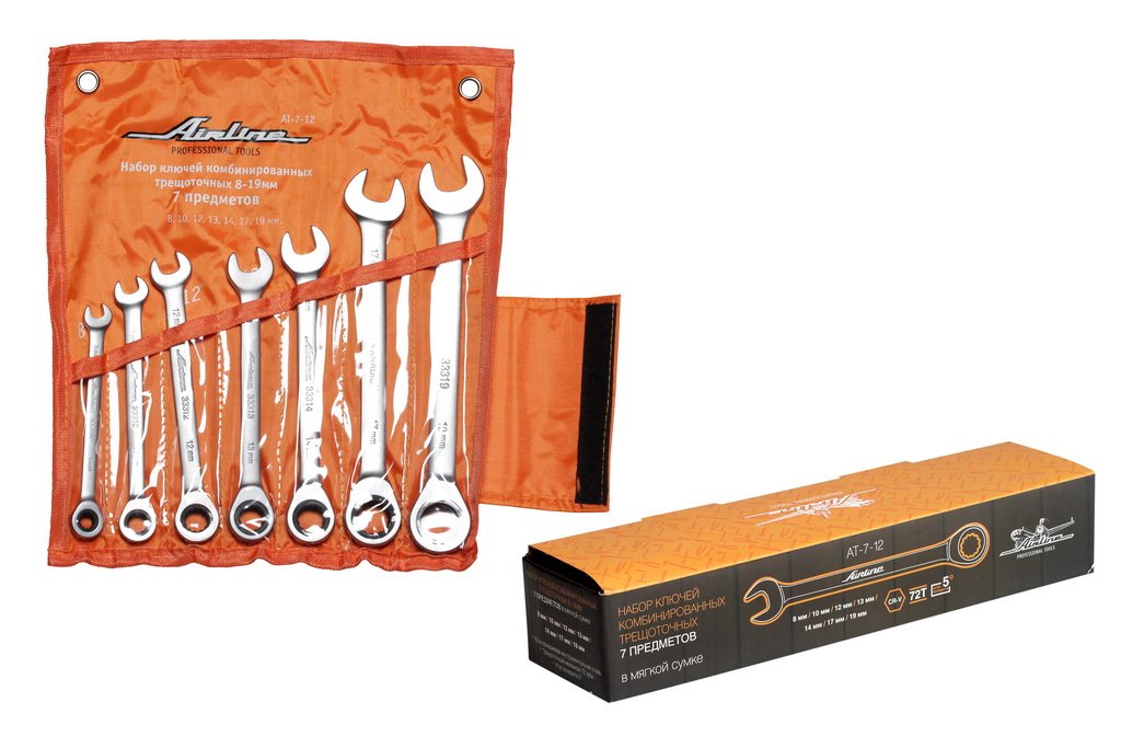 AT712 — Набор ключей комбинир. трещоточ. 7 предм. (8,10,12,13,14,17,19мм) сумка (AT-7-12) AIRLINE