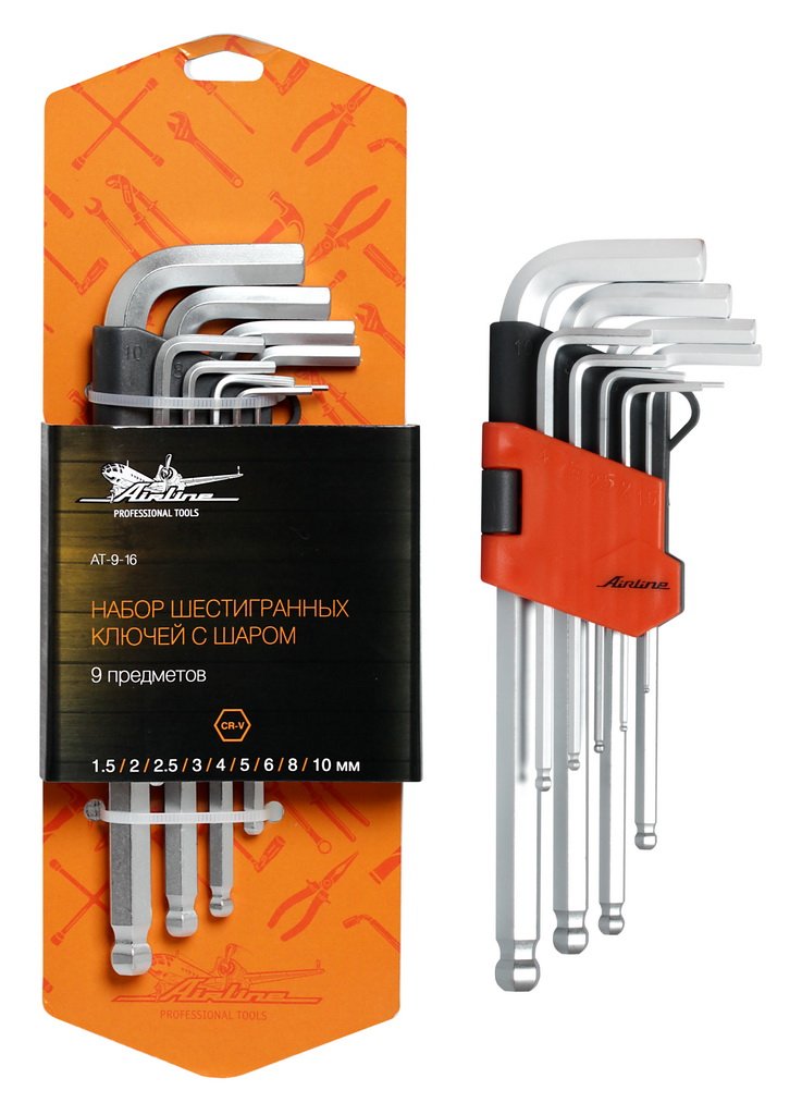 AT916 — Набор шестигранных ключей инбус с шаром 9 предметов (1.5,2,2.5,3,4,5,6,8,10мм) пласт.подвес ( AIRLINE