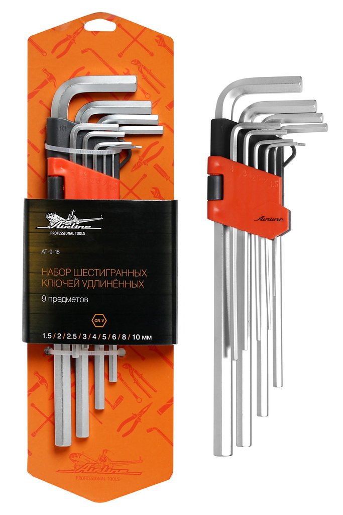 AT918 — Набор шестигранных ключей удлинённых инбус 9 предметов (1.5,2,2.5,3,4,5,6,8,10мм) пласт.подве AIRLINE