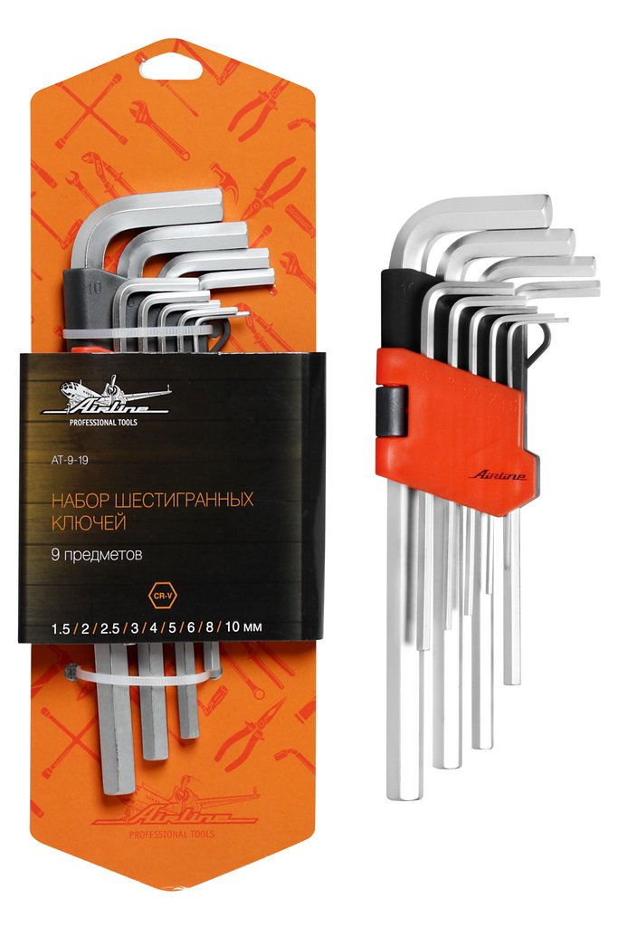 AT919 — Набор шестигранных ключей инбус 9 предметов (1.5,2,2.5,3,4,5,6,8,10мм) пласт.подвес (AT-9-19) AIRLINE
