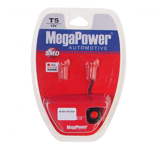 M50113R2БЛТ — Автолампа с тестером MEGAPOWER T5 W2*4.6d 1 SMD 3528 RED блистер 2шт 8лм 12V M-50113R-2блт MEGAPOWER