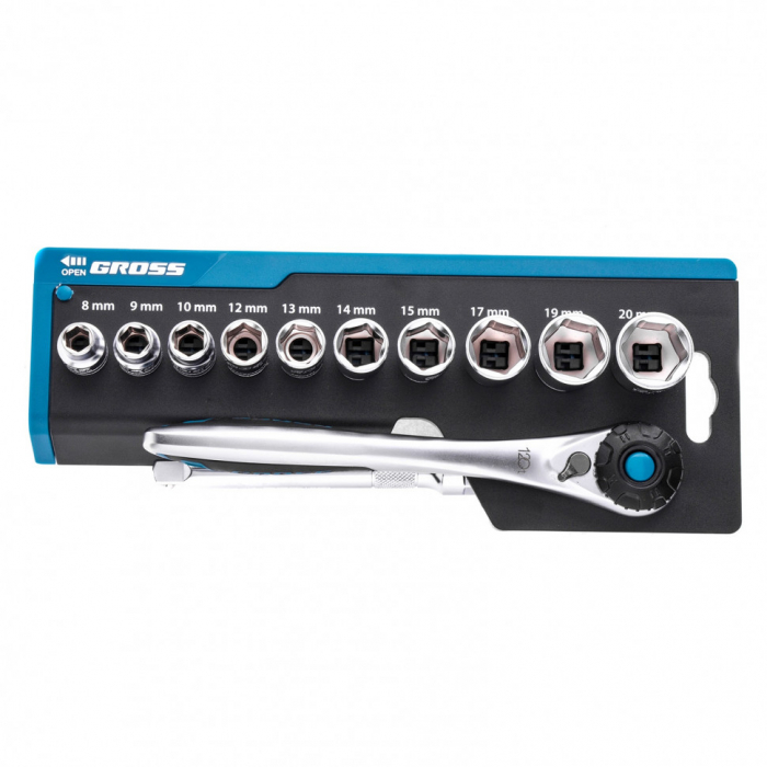 14139 — Набор торцевых головок GROSS, трещотка 120 зубьев, 12 предметов, 3/8", CrV  GROSS