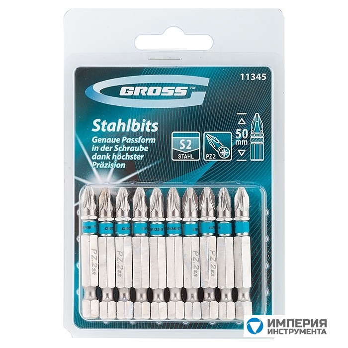 11345 — Набор бит GROSS РZ2 х 50, сталь S2, 10 шт GROSS