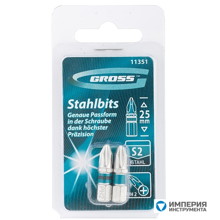 11351 — Набор бит GROSS РН2 х 25, сталь S2,2 шт GROSS