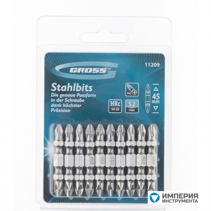 11209 — Набор бит двухсторонний GROSS, PH2-PH2 х 45 мм, сталь S2, 10 шт GROSS