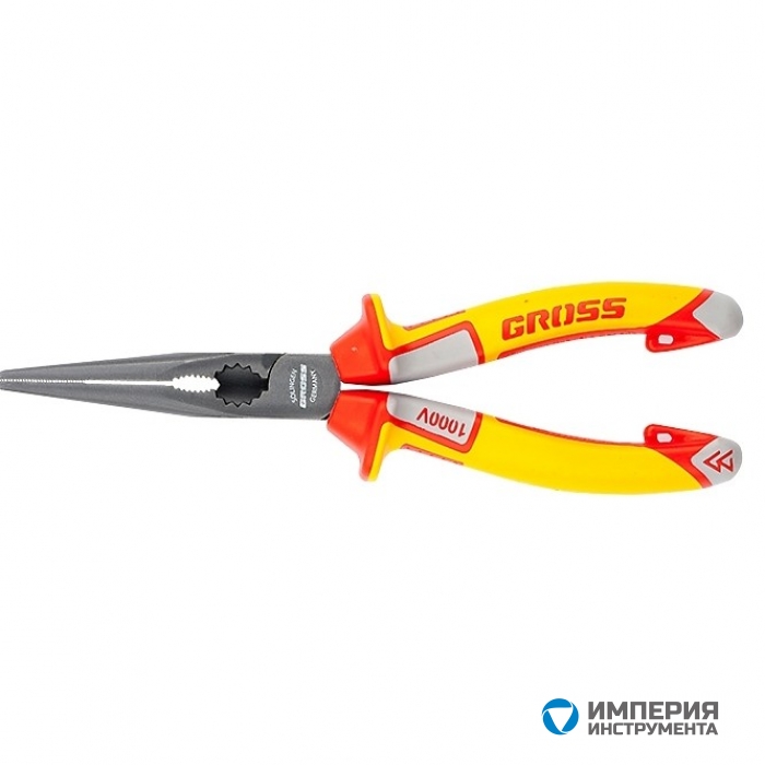 17177 — Длинногубцы прямые GROSS, диэлектрические рукоятки до 1000 В, трехкомпонентные рукоятки, 205 мм GROSS