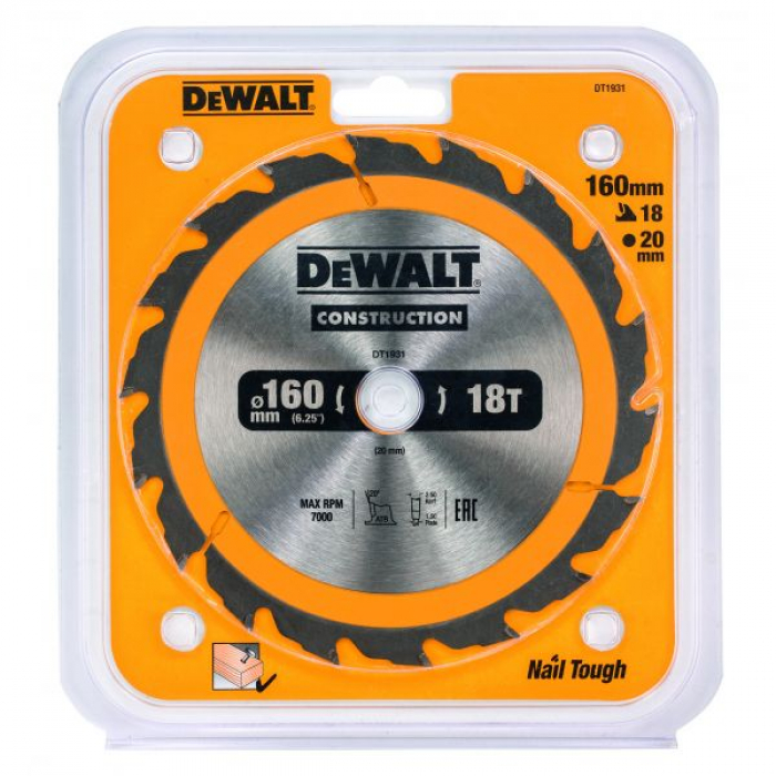 DT1931QZ — Пильный диск DeWALT CONSTRUCTION DT1931, 160/20 мм. DEWALT