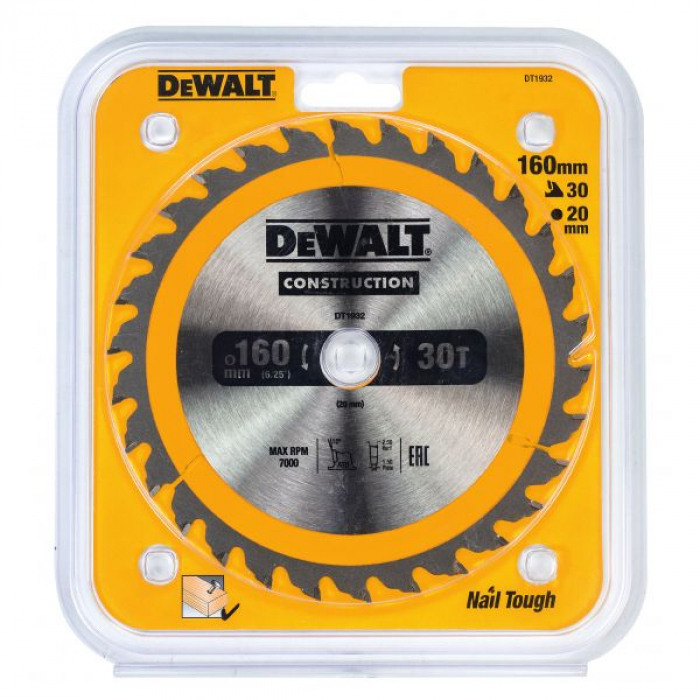 DT1932QZ — Пильный диск DeWALT CONSTRUCTION DT1932, 160/20 мм. DEWALT