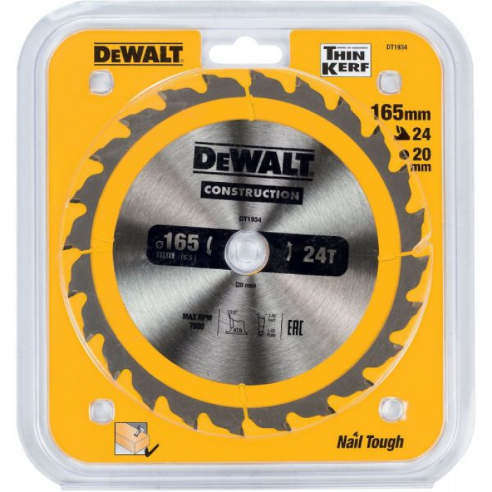 DT1934QZ — Пильный диск DeWALT CONSTRUCTION DT1934, 165/20 мм. DEWALT