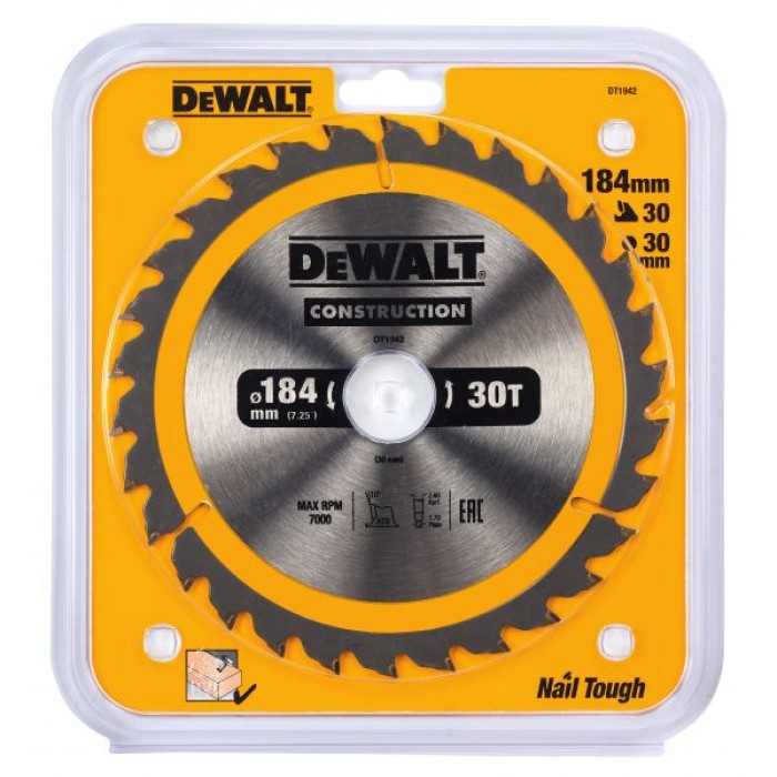 DT1942QZ — Пильный диск DeWALT CONSTRUCTION DT1942, 184/30 мм. DEWALT