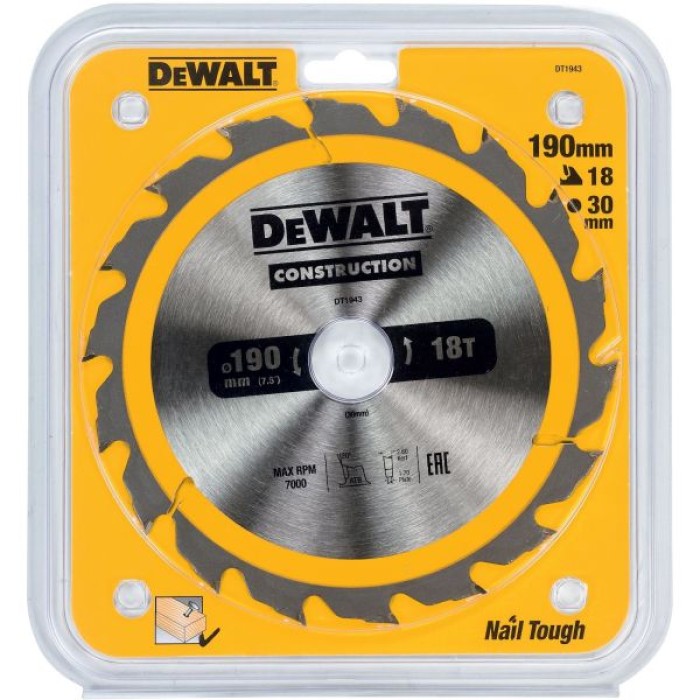 DT1943QZ — Пильный диск DeWALT CONSTRUCTION DT1943, 190/30 мм. DEWALT
