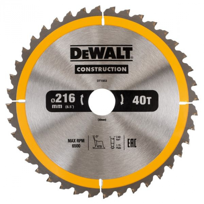 DT1953QZ — Пильный диск DeWALT CONSTRUCT DT1953, 216/30 мм. DEWALT