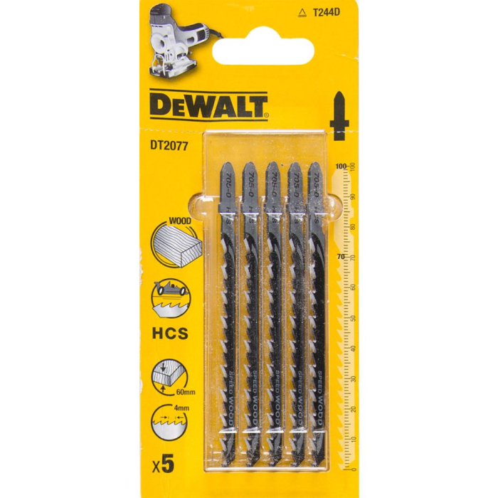 DT2077QZ — Пилка для лобзика DeWALT DT2077, по дереву из высокоуглеродистой стали, HCS, 100 x 70 x 4.0 x 60 мм, T244D, 5 шт. DEWALT