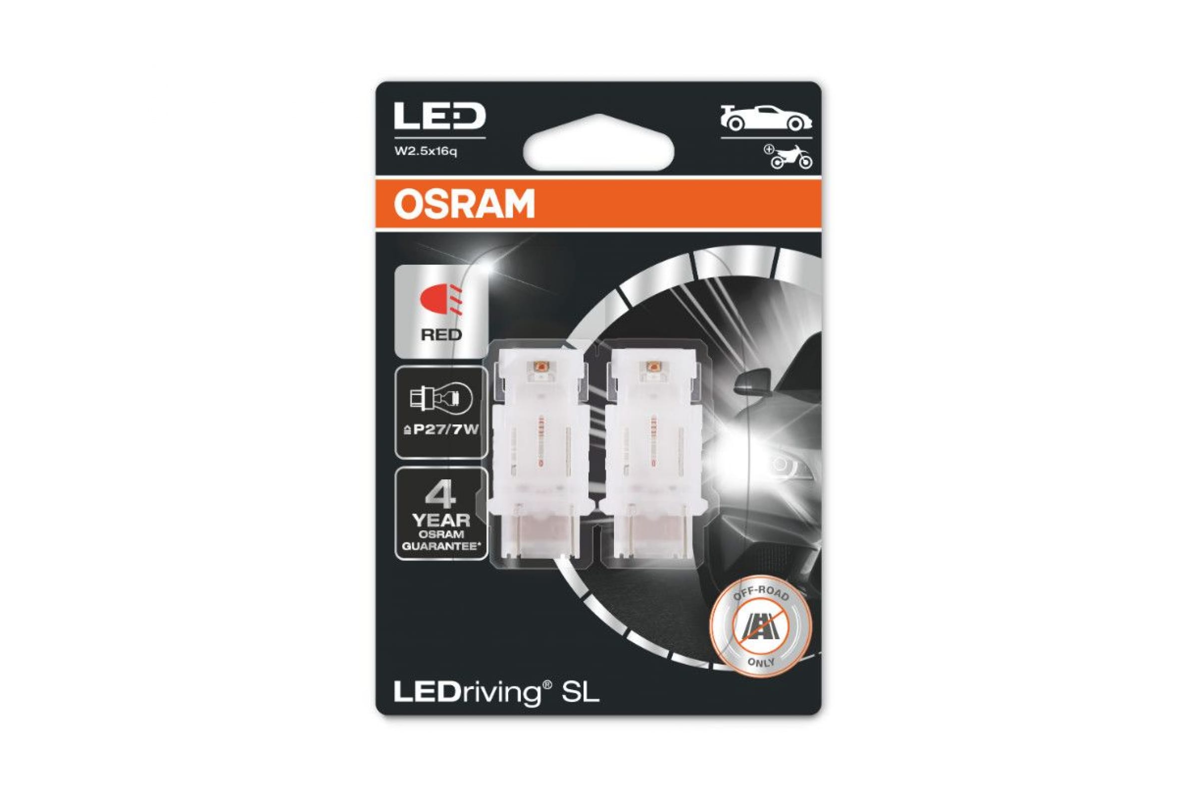 3157DRP02B — Автолампа OSRAM P27/7W, W2.5x16q, LED, 2 шт., RED, 12 В 3157DRP-02B OSRAM