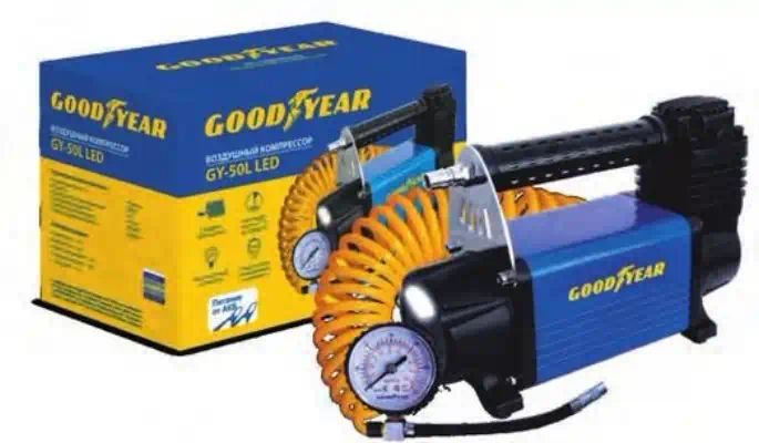 GY000113 — Компрессор odyear GY-50L LED 50 л/мин с фонарём, питание от АКБ, съемный витой шланг, сумка для хранения () GOODYEAR