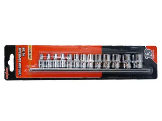 914013 — Набор головок 55467 торцевых, 13 пр: 1/4 inch, 6 гр, 4-14 мм, на метал. держателе OMBRA