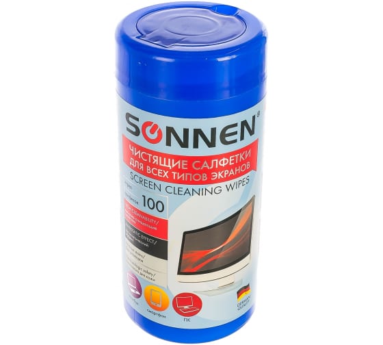 511486 — Влажные чистящие салфетки для экранов мониторов SONNEN 100 шт. 511486 SONNEN