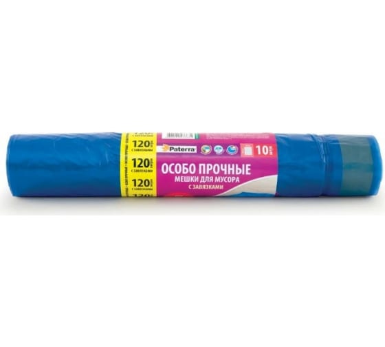 106059 — PATERRA мешки для мусора особо прочные 120 л с завязками 20 мкм 10 шт в рулоне 1 PATERRA