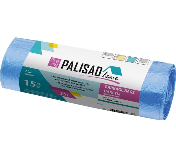 927155 — Пакеты для мусора с завязками 35 л x 15 шт. синие PALISAD