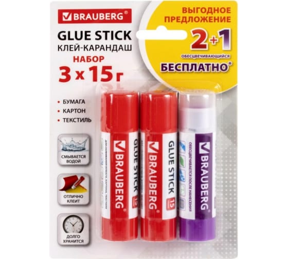 229474 — Клейкарандаш 12 шт в упаковке BRAUBERG 2+1 обесцвечивающийся 15 г 3 штуки на блистере  229474 BRAUBERG
