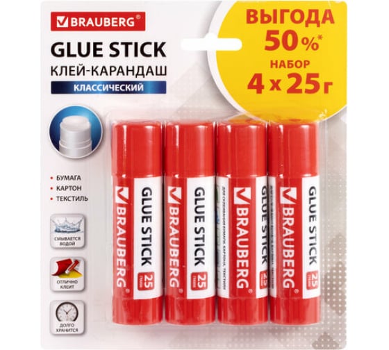 229472 — Клейкарандаш BRAUBERG 25 г, 4 штуки на блистере 229472 BRAUBERG