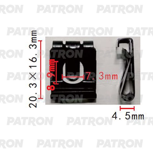 P372152 — Скоба крепежная RENAULT OPEL SAAB применяемость: скоба T=20.3, F=16.3, H=4.5 PATRON