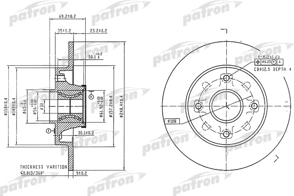 PBD7016 — Диск ормозной задн подшипником и кольцом  PATRON