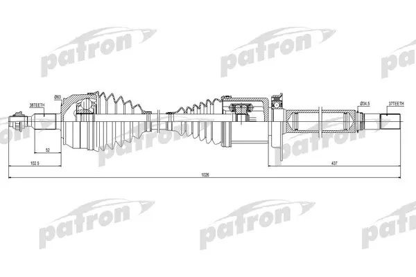 PDS0444 — Полуось передняя правая 38X1026X37 VW: MULTIVAN V 2,0 BITDI, TRANSPORTER V 2,0 BITDI/TDI 09- PATRON