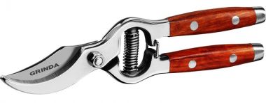 423415 — P15 секатор цельнокованый из нержавеющей стали  с деревянными рукоятками  210 мм  GRINDA PROLINE GRINDA