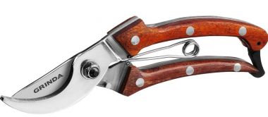 423417 — P17 секатор компактный  цельнокованый из нержавеющей стали  с деревянными рукоятками  плоскостной  195 мм  GRINDA PROLINE GRINDA