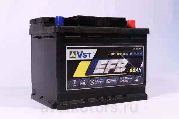 560500060 — Аккумулятор EFB 12 V, 60 А/ч, 600А, 242x175x190, обратная полярность VST