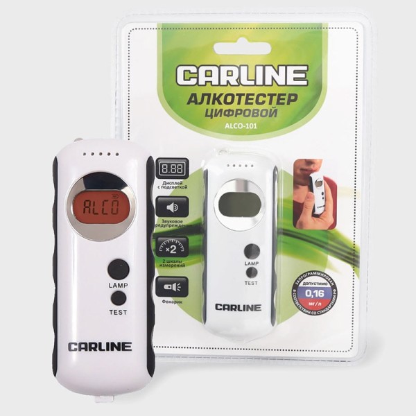 ALCO101 — Алкотестерцифровойяркийдисплейсподсветкойзвуковоепредупреждение2шкалыизмеренийсветодиодныйфонарик CARLINE