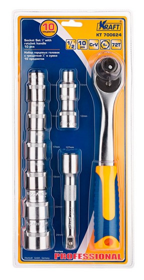 KT700624 — Набор головок торцевых (10 предм.) KRAFT 1/2 (1024 мм) с трещоткой в сумке KRAFT