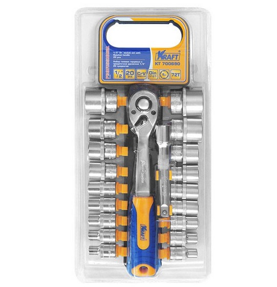 KT700690 — Набор головок торцевых (20 предм.) KRAFT 1/2 (832 мм) с трещоткой KRAFT
