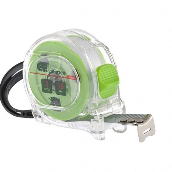 32520 — Рулетка Кварц, прозрачный корпус, амортизатор, 3 м х 16 мм СИБРТЕХ