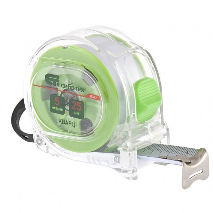 32522 — Рулетка Кварц, прозрачный корпус, амортизатор, 5 м х 25 мм СИБРТЕХ