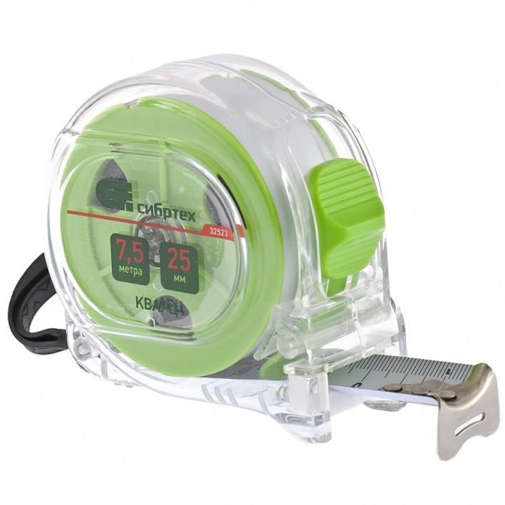 32523 — Рулетка Кварц, прозрачный корпус, амортизатор, 7,5 м х 25 мм СИБРТЕХ