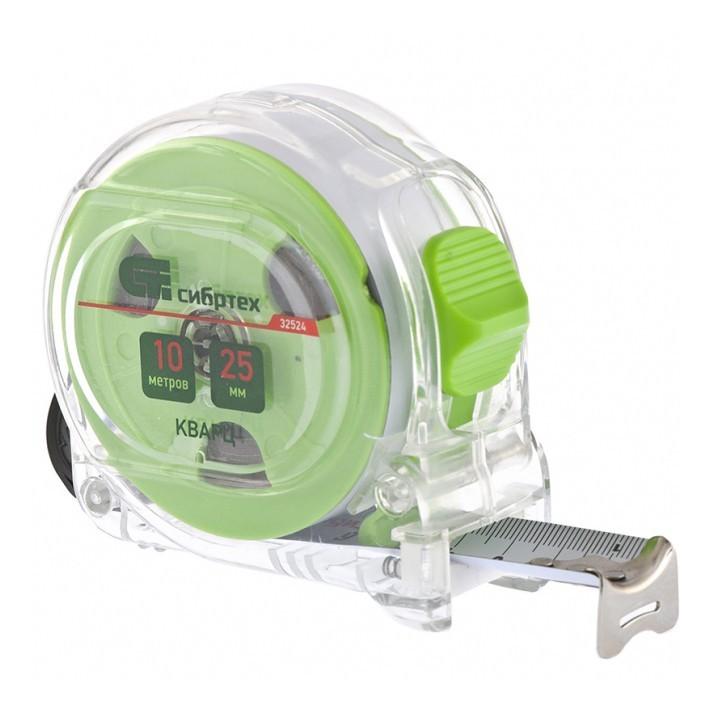 32524 — Рулетка Кварц, прозрачный корпус, амортизатор, 10 м х 25 мм СИБРТЕХ