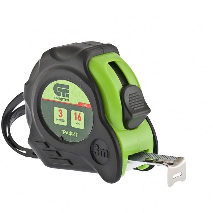 32530 — Рулетка Графит, обрезиненный корпус, амортизатор, 3 м х 16 мм СИБРТЕХ