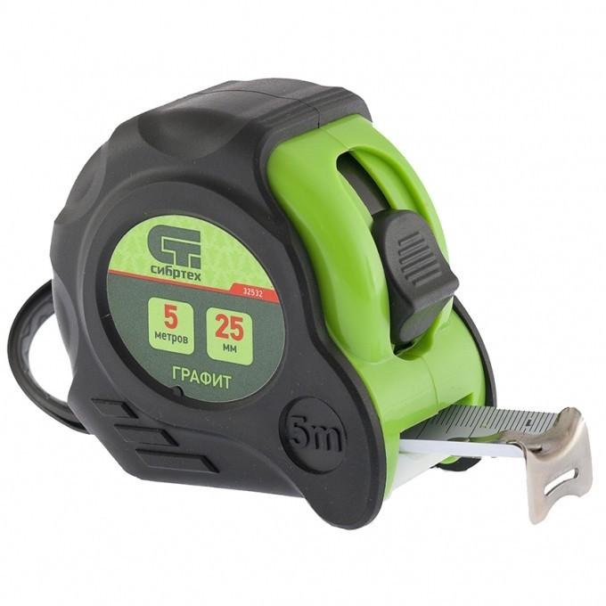 32532 — Рулетка Графит, обрезиненный корпус, амортизатор, 5 м х 25 мм СИБРТЕХ