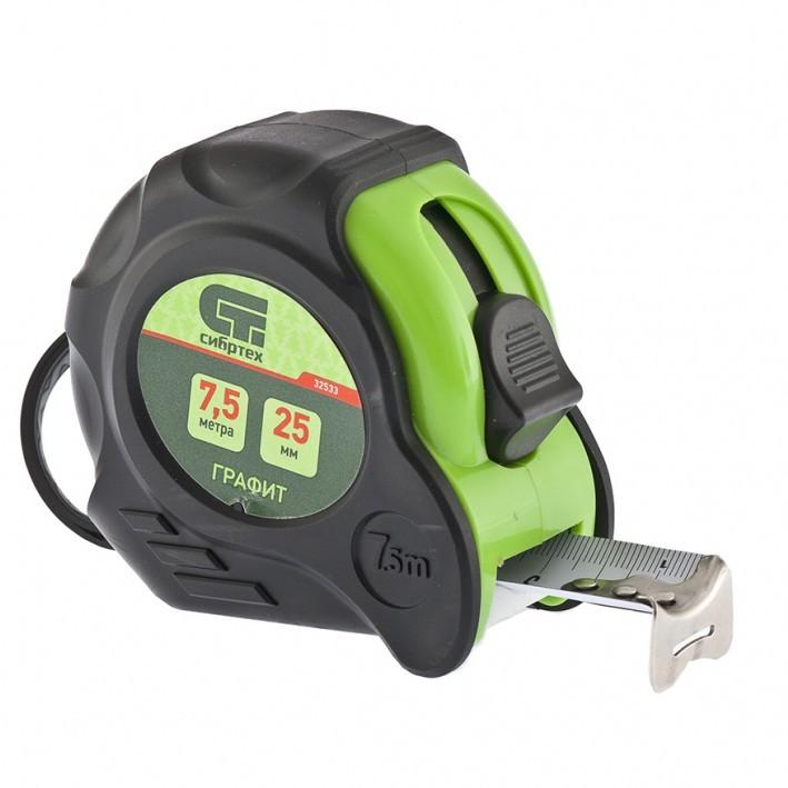 32533 — Рулетка Графит, обрезиненный корпус, амортизатор, 7,5 м х 25 мм СИБРТЕХ