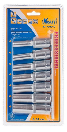 KT700310 — Набор головок 7 предметов Г8-Г14 (1/2) длинные L=77 мм (tool) KRAFT