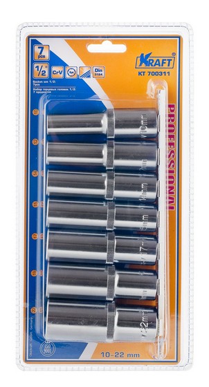 KT700311 — Набор головок 7 предметов Г10-Г22 (1/2) длинные L=77 мм (tool) KRAFT