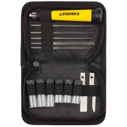 09145H38 — Набор STAYER нож “MASTER” для точных работ в комплекте с лезвиями различной формы и надфилями  в чехле 38 предметов STAYER