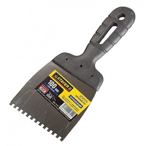 10091004 — Шпатель STAYER PROFESSIONAL нержавеющий зубчатый с пластмассовой ручкой  100мм  зуб 4х4мм STAYER