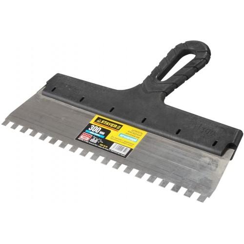 10094508 — Шпатель STAYER PROFESSIONAL нержавеющий зубчатый с пластмассовой ручкой  450мм  зуб 8х8мм STAYER